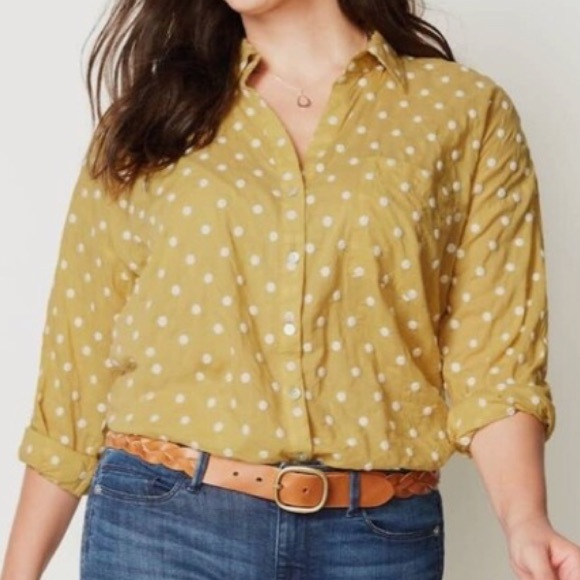 J. Jill Relaxed One Pocket Shirt Yellow with White Polka Dots Size Large - Picture 5 of 7